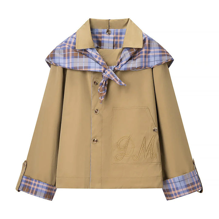 Damen nan kastige Regenblousonjacke mit abnehmbarem Karotuch als Kragendetail und bestickter aufgesetzter Tasche Drune