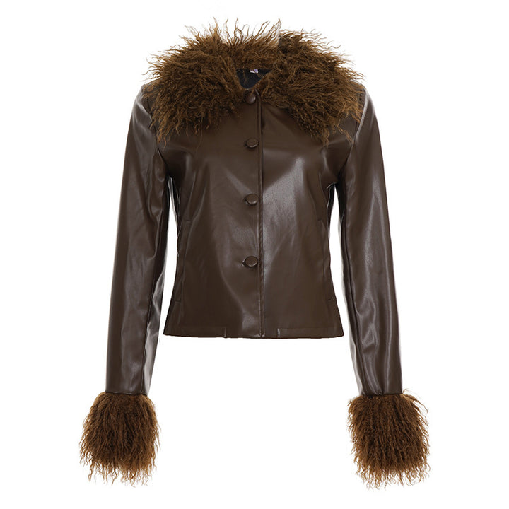Damen Kurzjacke aus veganem Leder mit voluminösem Fellkragen und Fellmanschetten Drune