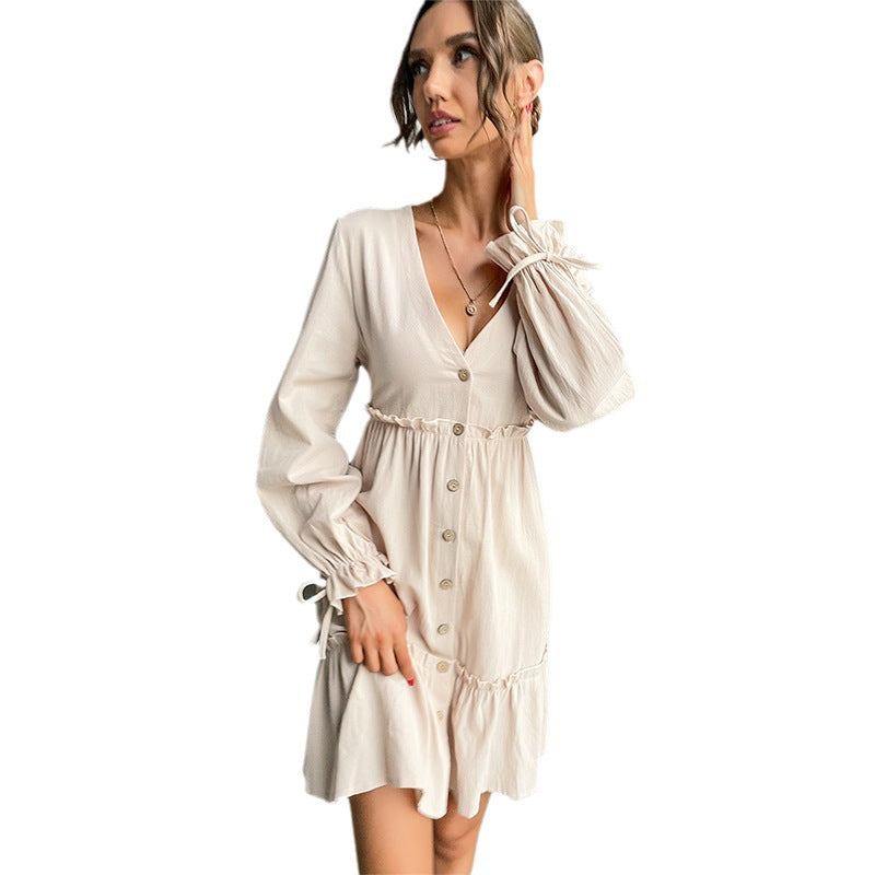 Damen Button-Midikleid mit V-Ausschnitt, Rüschen-Taille und Bindärmeln Drune