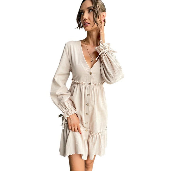 Damen Button-Midikleid mit V-Ausschnitt, Rüschen-Taille und Bindärmeln Drune