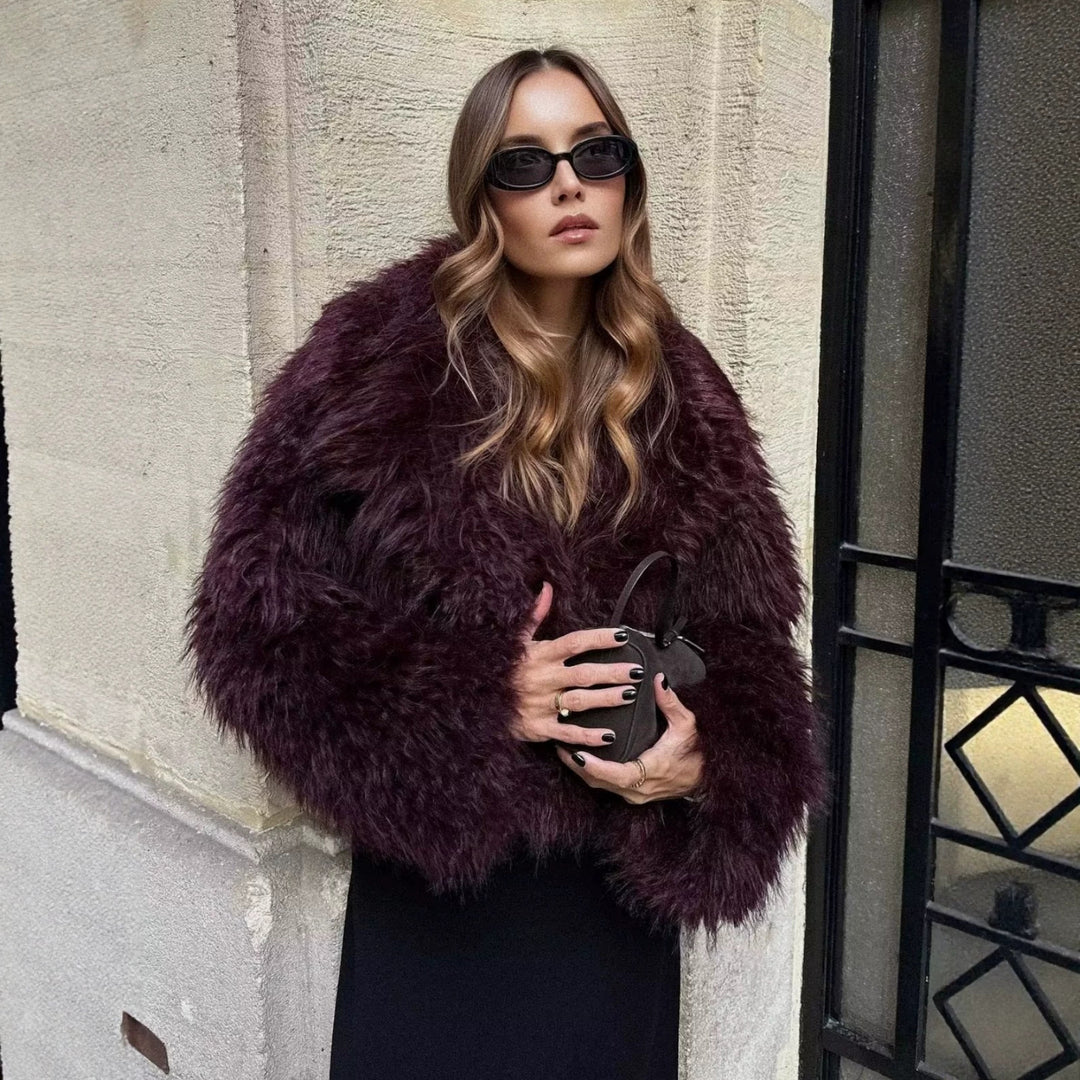 Damen Kurze Boxy-Plüschjacke im Shaggy-Look mit fallendem Revers Drune