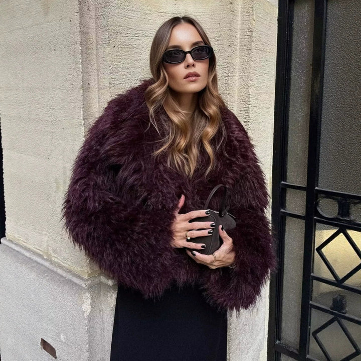 Damen Kurze Boxy-Plüschjacke im Shaggy-Look mit fallendem Revers Drune