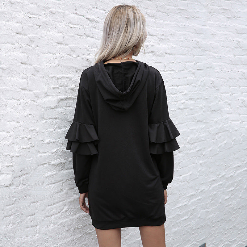 Damen Oversize-Kapuzenkleid mit zweistufigen Volantärmeln und Eingrifftasche Drune
