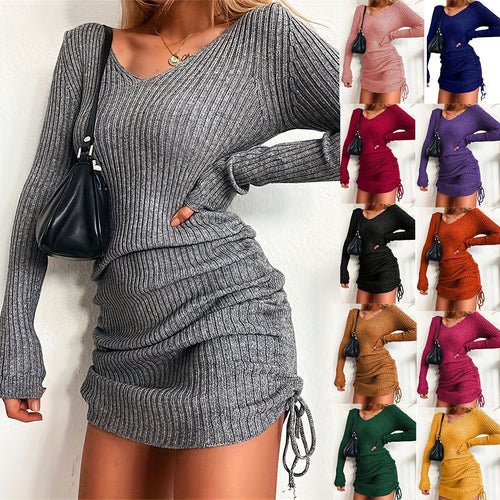 Damen Figurbetontes Rippstrick-Minikleid mit langen Ärmeln und seitlicher Raffung Drune