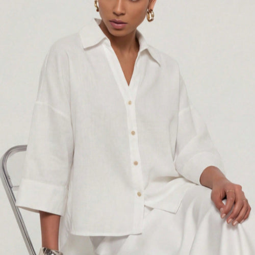 Damen Leichte Oversize Leinenoptik Bluse mit Dreiviertelärmeln und durchgehender Knopfleiste Drune