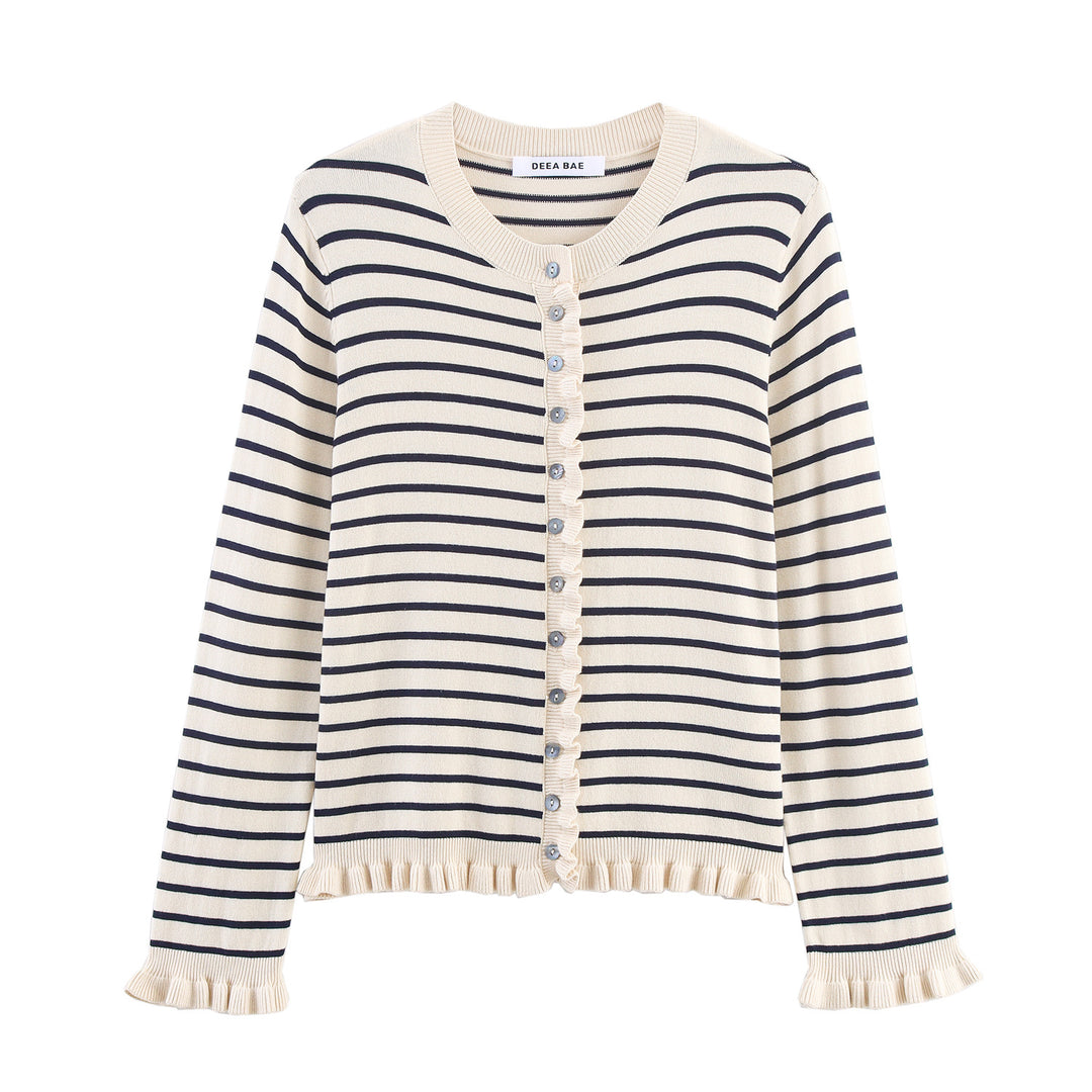 Damen Feiner Strickcardigan mit Rüschenblende und Perlmuttknöpfen Drune