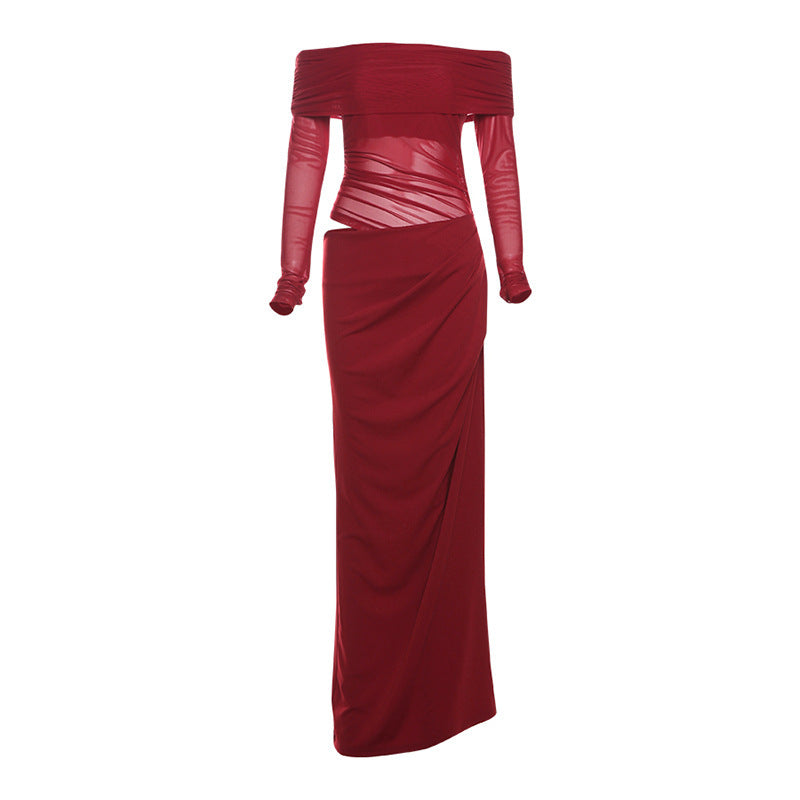 Damen Off-Shoulder Maxikleid mit figurbetonendem Design und Raffung Drune