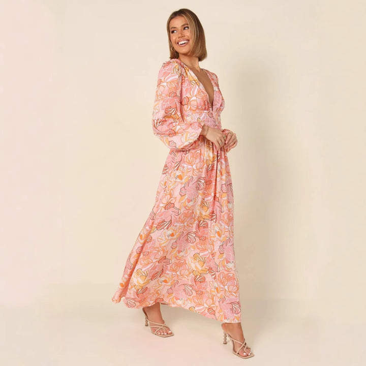 Damen Maxikleid mit tiefem V-Ausschnitt und elastischem Taillengürtel Drune