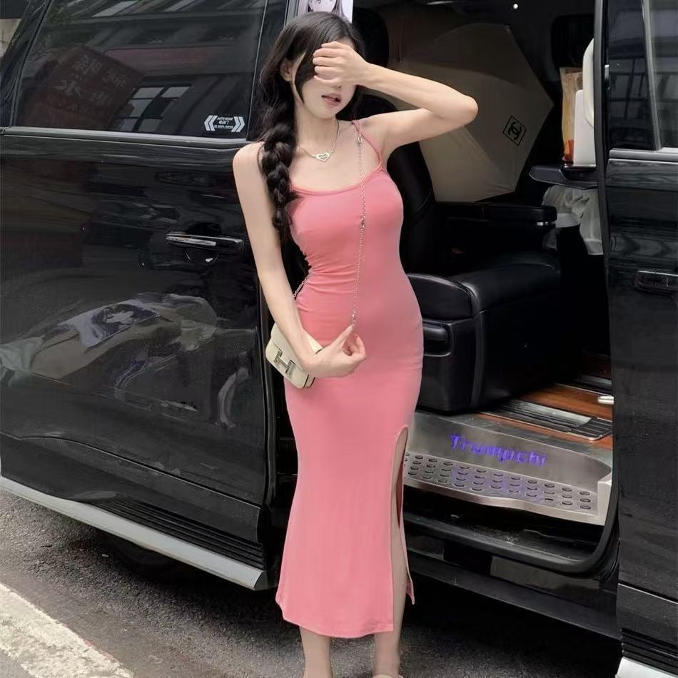 Damen figurbetontes Midi-Kleid mit Spaghetti-Trägern und hohem Schlitz Drune