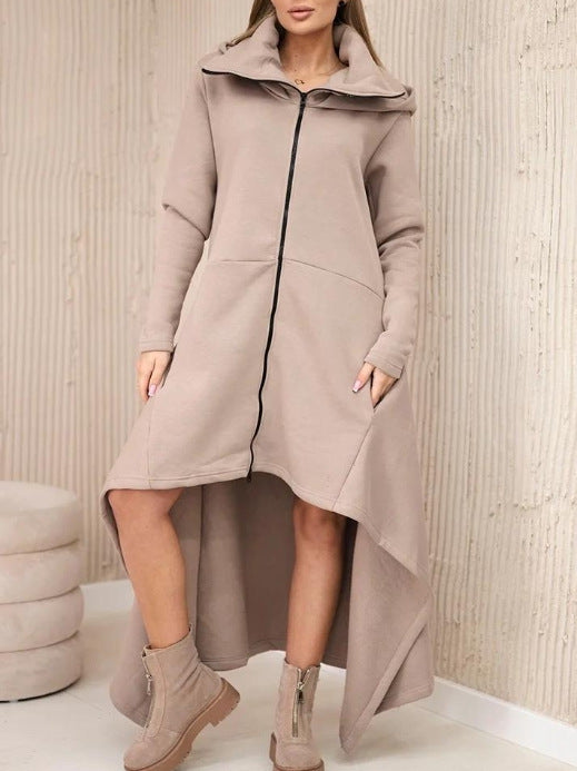 Damen nan asymmetrisches Sweatkleid mit hohem Stehkragen, durchgehendem Reißverschluss und verlängertem Rückensaum Drune