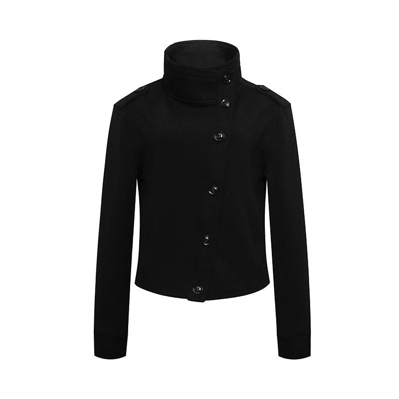 Damen Kurze Wolloptik-Militärjacke mit Stehkragen und asymmetrischer Knopfleiste Drune