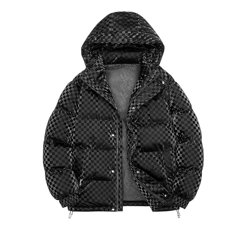 Herren Hochglänzende gesteppte Thermojacke mit Kapuze & Karo‑Struktur Drune