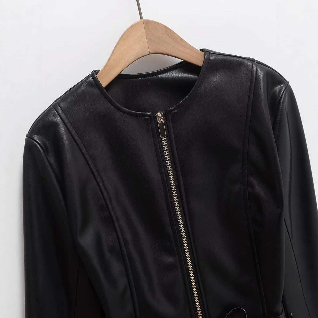 Damen Kollierlose Kunstlederjacke mit Reißverschluss und Taillenband Drune