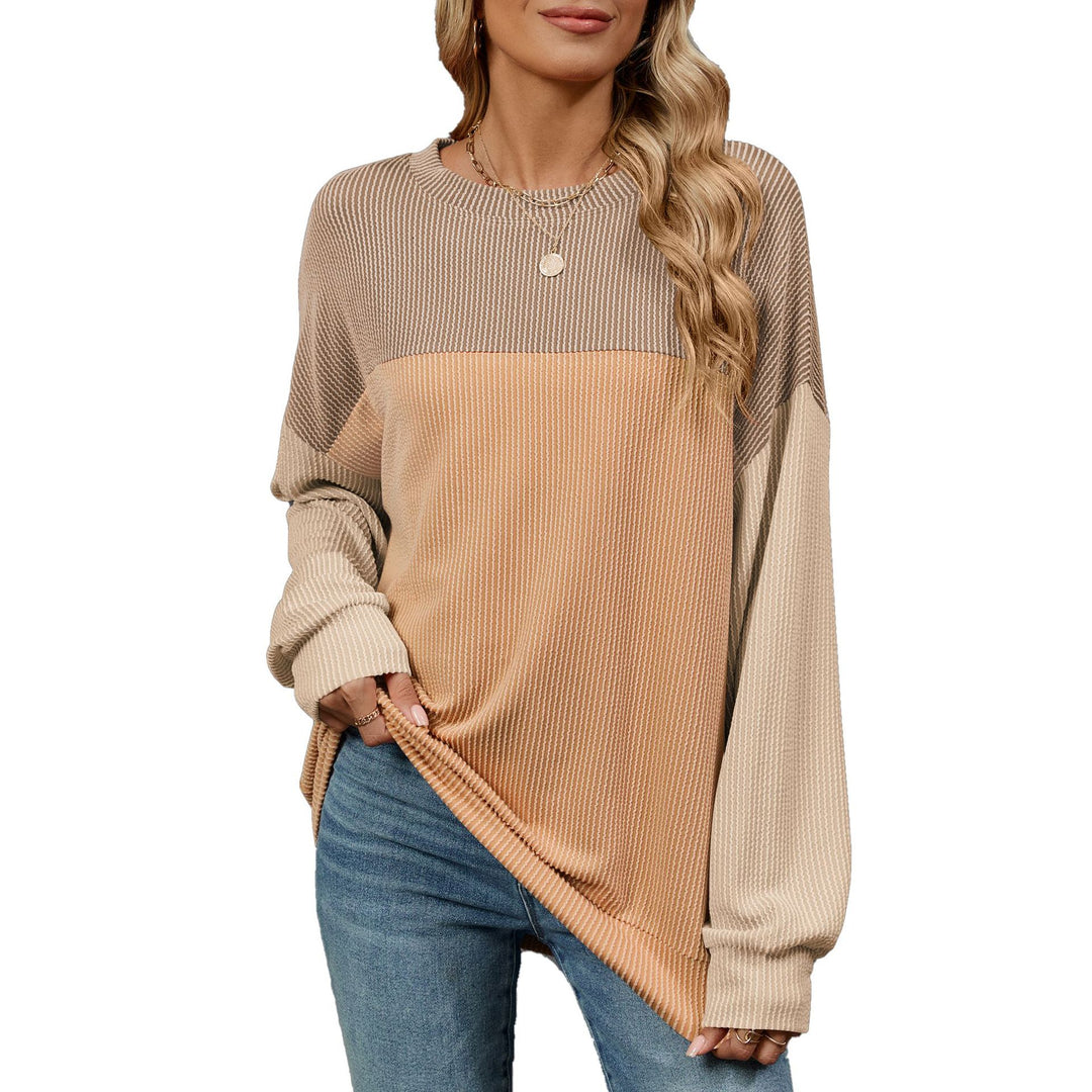Damen Sweatshirt mit modischem Rippdesign und farblich abgesetzten Ärmeln Drune