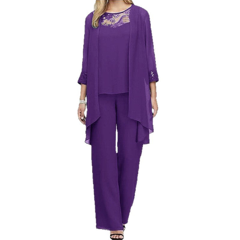 Damen nan fließendes Chiffon-Abendensemble mit Spitzenbesatz, Kimono-Cardigan und weiter Palazzohose Drune