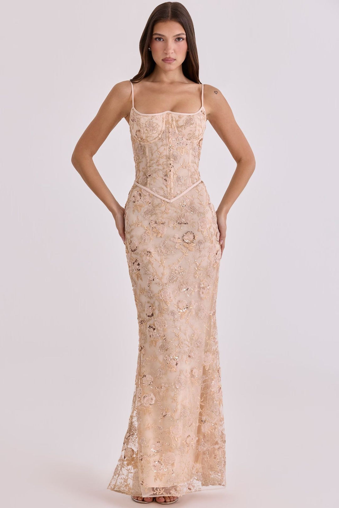 Damen nan elegantes besticktes Abendkleid mit Korsettoberteil und transparentem Spitzenüberzug Drune