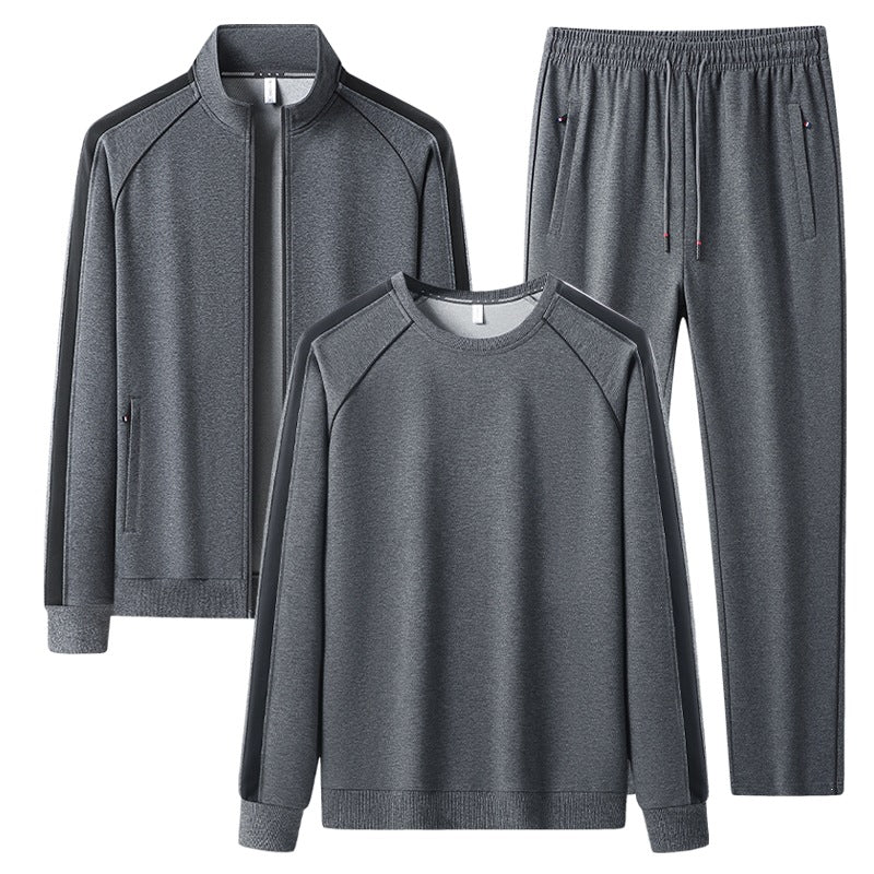 [Herren] Zweiteiliges Trainingsset mit Stehkragen-Zipjacke, Rundhals‑Sweatshirt und konisch geschnittener Jogginghose aus atmungsaktivem Fleece Drune