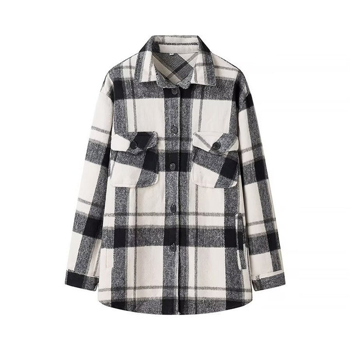 Damen Karo-Übergangs‑Shacket aus weichem Flanell mit aufgesetzten Brusttaschen Drune
