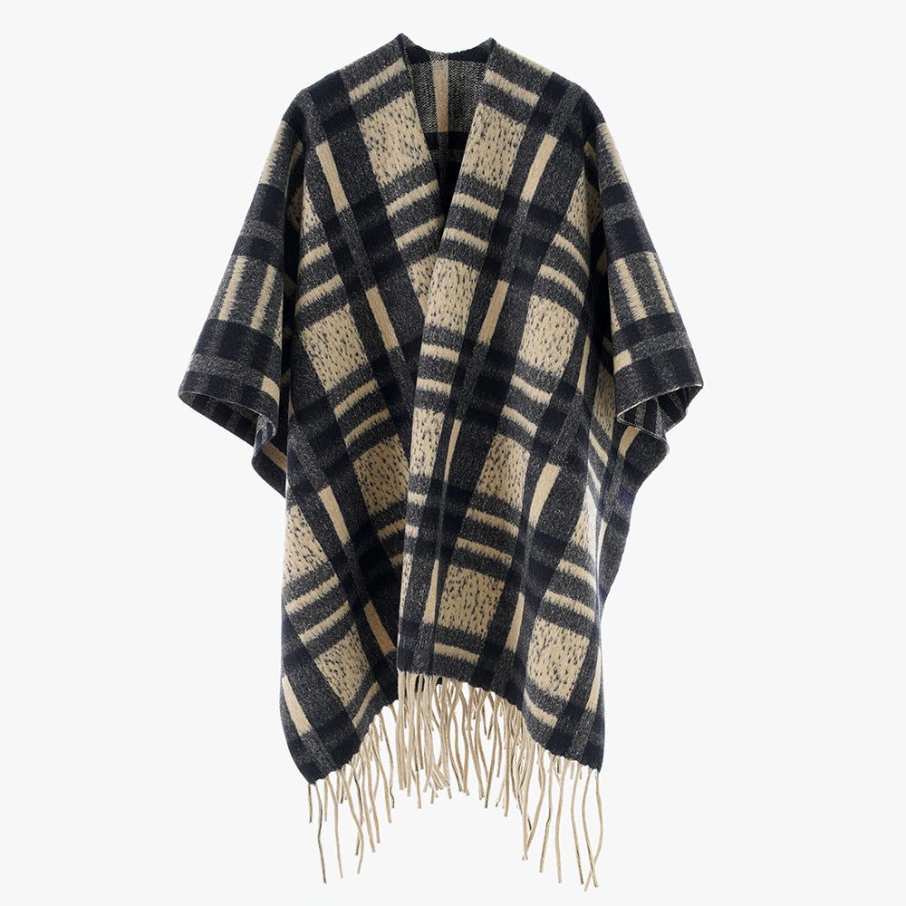 Damen Kariertes Wollmix-Poncho‑Cape mit Fransensaum und offenem Oversize‑Fall Drune