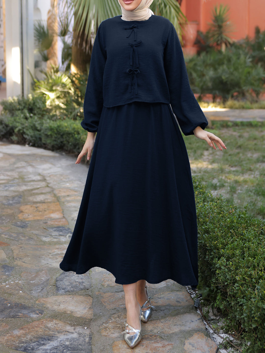 Damen Langes Zweiteiliges Maxikleid mit Überwurf, Rundhals und Zierknoten Drune