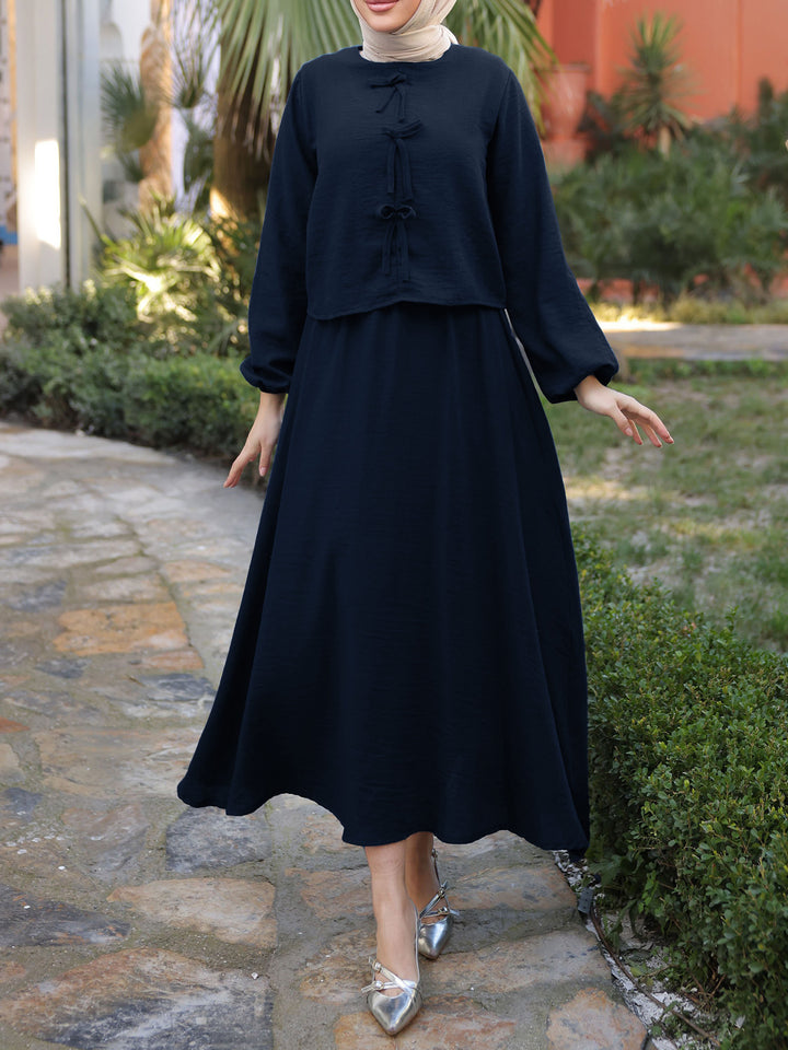 Damen Langes Zweiteiliges Maxikleid mit Überwurf, Rundhals und Zierknoten Drune