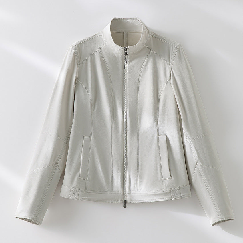 Damen schlichte taillierte Lederjacke mit Stehkragen und Zwei-Wege-Reißverschluss Drune