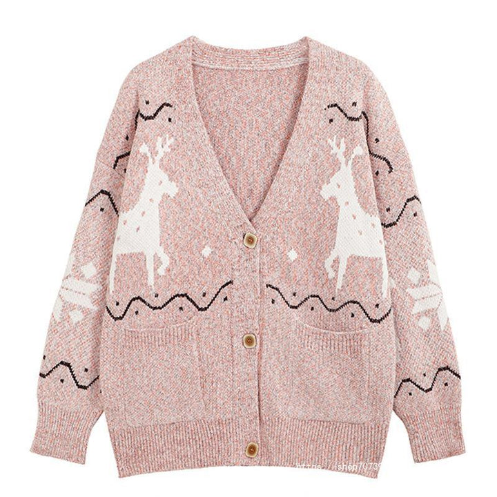 Damen Gemütlicher Cardigan mit Rentier-Motiv und Taschen Drune