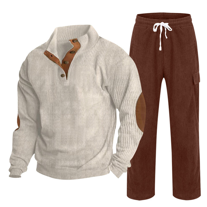 Herren Gemütliches Freizeit-Set aus Waffelstrick-Henley mit Ellenbogenpatch und Relax-Cargo-Hose Drune