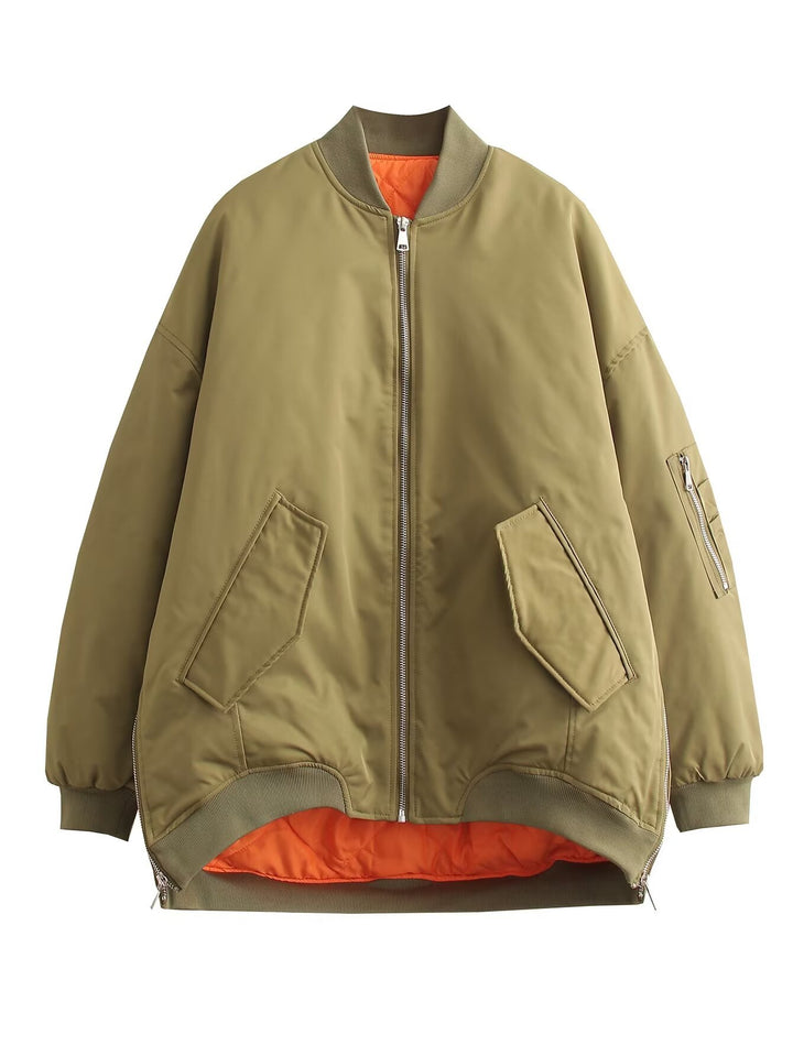 Damen nan oversized Bomberjacke mit wattiertem Kontrastfutter, Ärmelreißverschluss und verlängertem Saum Drune