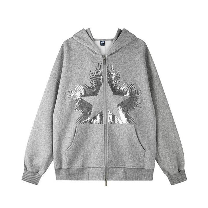 Damen Oversize-Kapuzenjacke aus French Terry mit glitzerndem Sternprint und Metallreißverschluss Drune