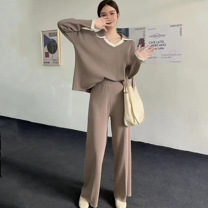 Damen elegantes und lässiges Strickensemble mit V-Ausschnitt und breitem Saum Drune