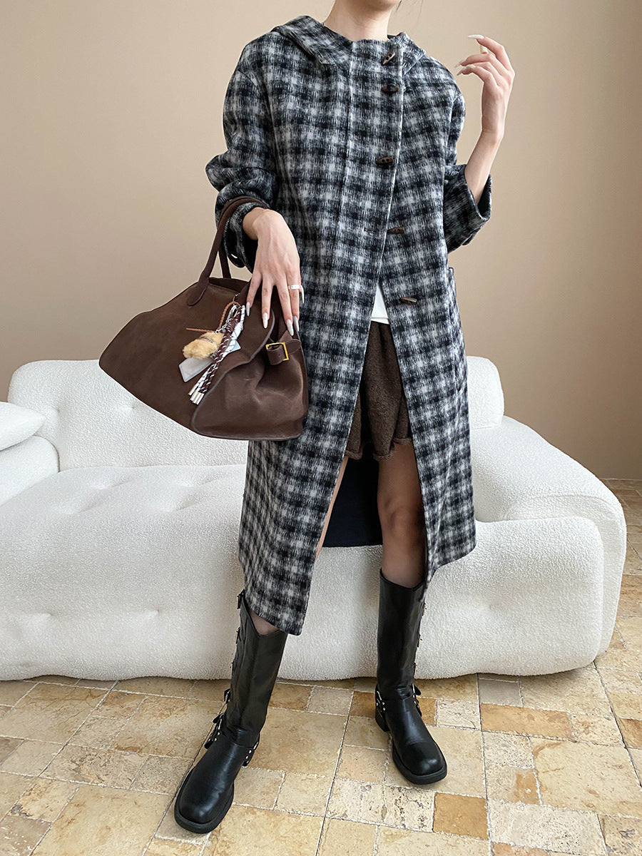 Damen eleganter Wollmantel mit hohem Kragen und Knopfdetails Drune