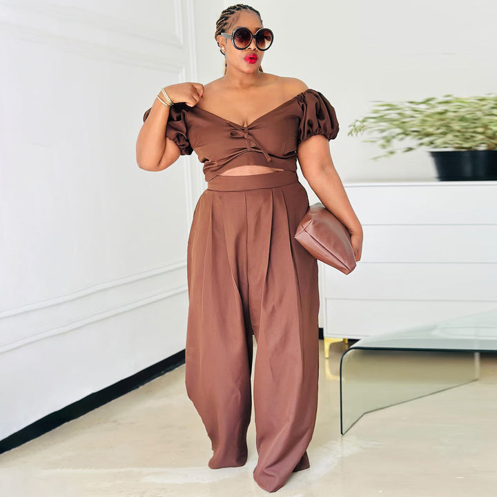 Damen Crop-Top und Palazzo-Hosen Set mit voluminösen Ärmeln und eleganten Falten Drune