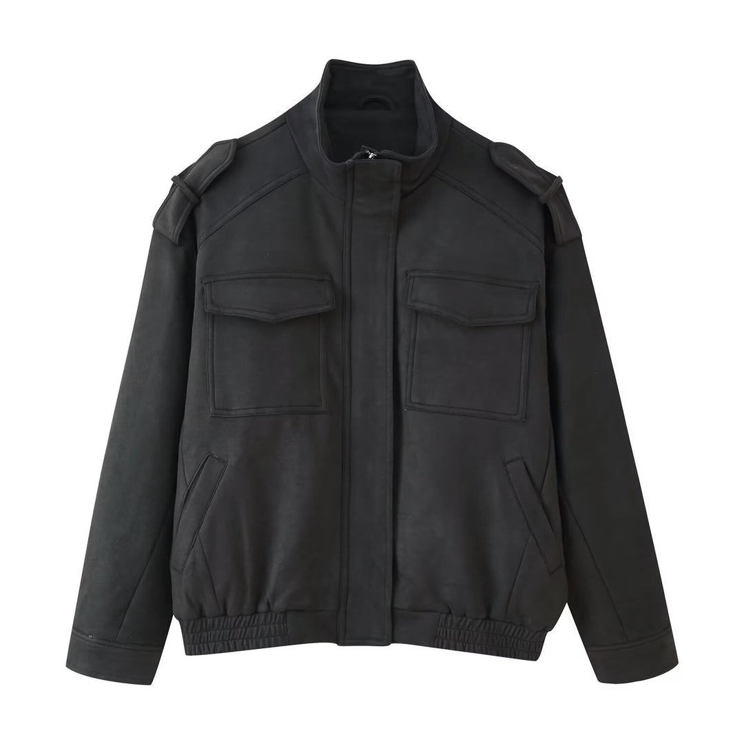 Damen Utility-Bomberjacke mit Schulterklappen, Stehkragen und aufgesetzten Pattentaschen Drune