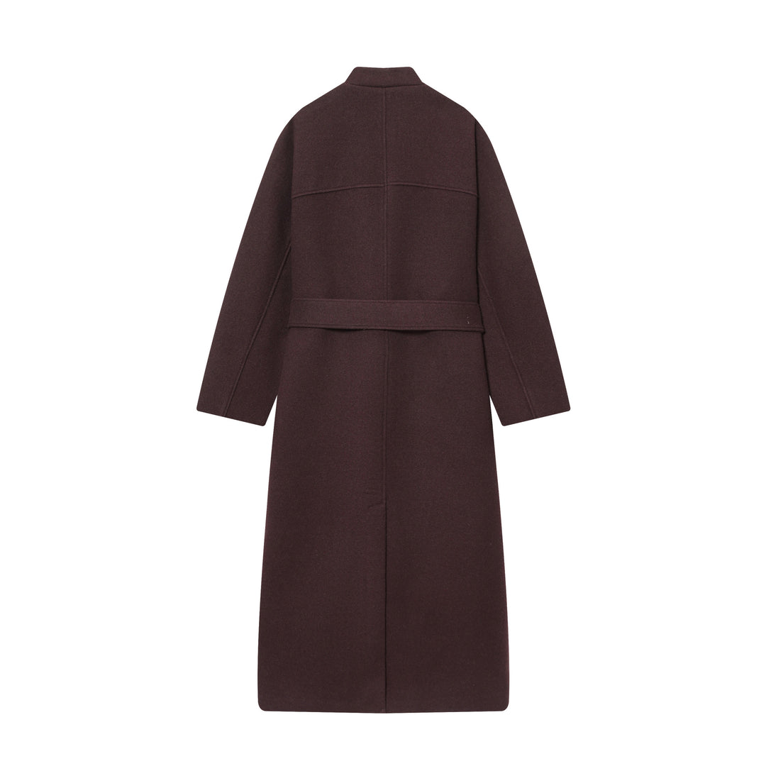 Damen nan langer Wollmantel mit Stehkragen, Druckknopfleiste, Bindegürtel und aufgesetzten Taschen Drune