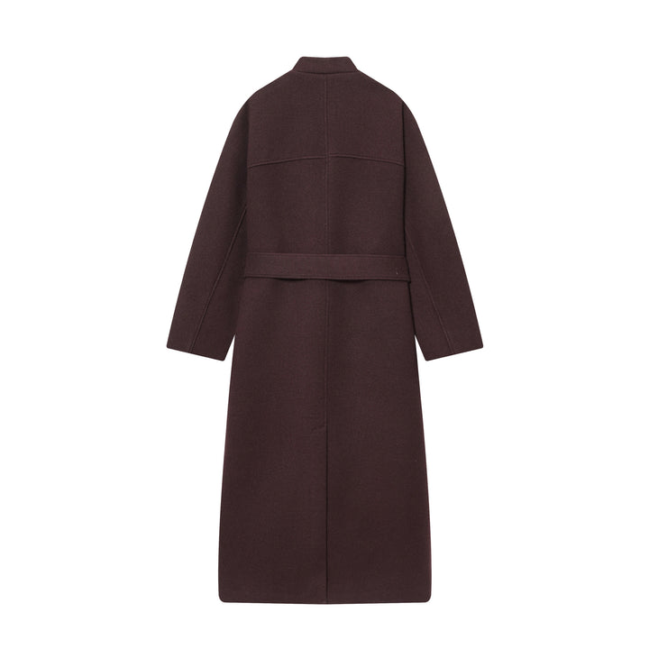 Damen nan langer Wollmantel mit Stehkragen, Druckknopfleiste, Bindegürtel und aufgesetzten Taschen Drune
