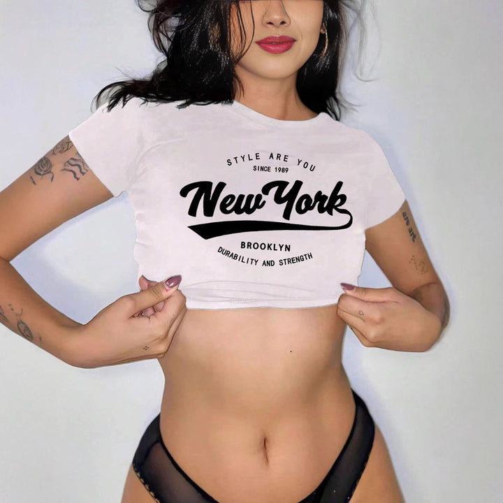 Damen Crop-T-Shirt mit kreativem New York Aufdruck Drune