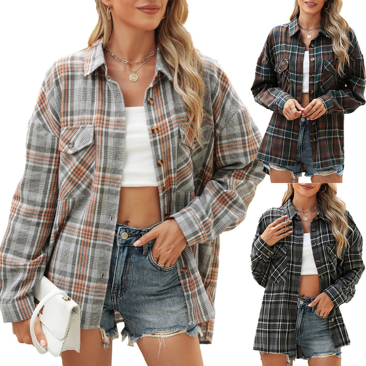 Damen karierte Hemdbluse mit oversized Schnitt und Brusttaschen Drune