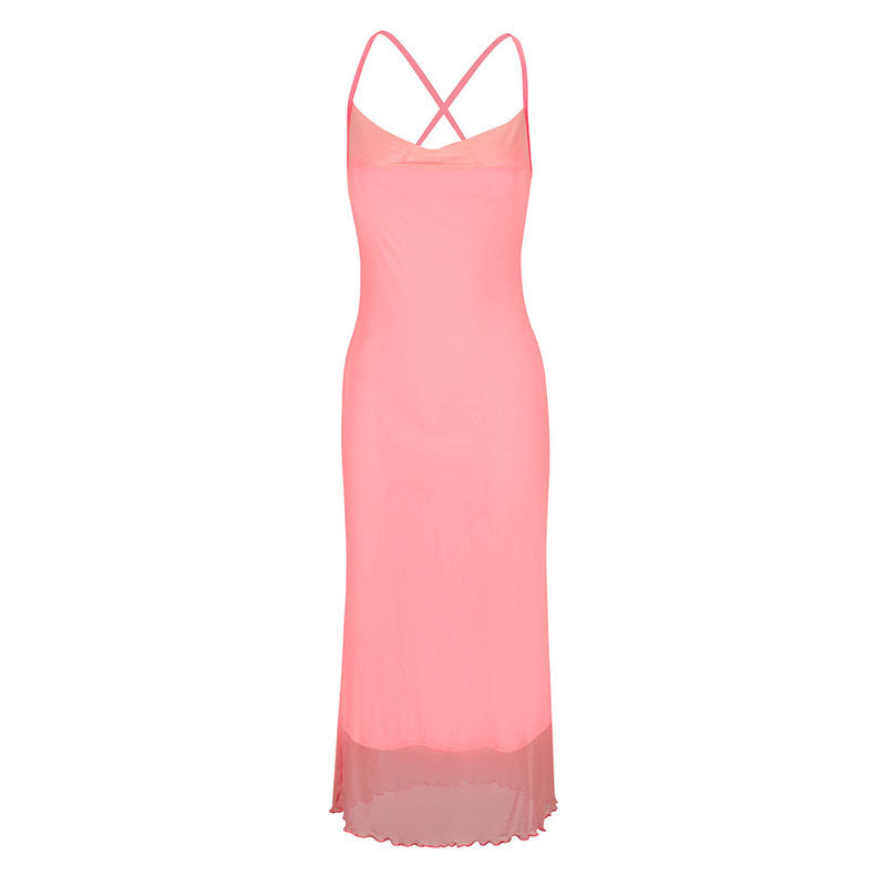 Damen Maxikleid mit zarten Spaghettiträgern und transparentem Saum Drune