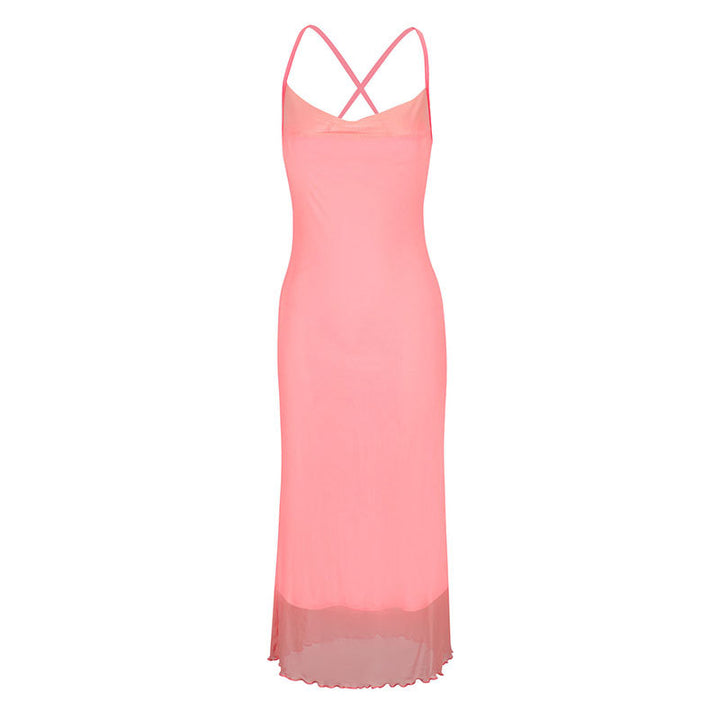 Damen Maxikleid mit zarten Spaghettiträgern und transparentem Saum Drune