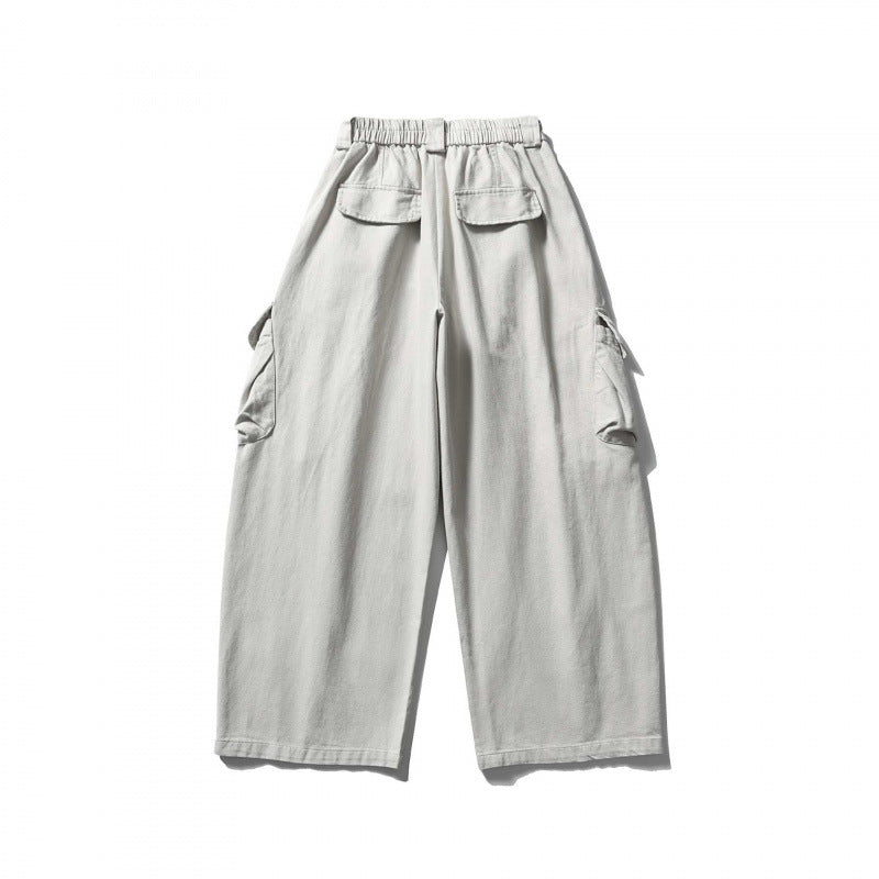 Unisex Weite Cargo-Cropped-Hose mit hohem elastischem Bund, Mehrfachtaschen und Kordelzug Drune