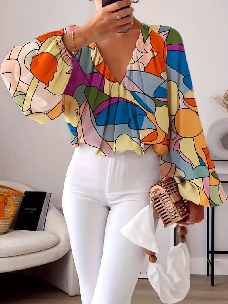 Damen Bluse mit V-Ausschnitt und modischem Grafikdesign Drune