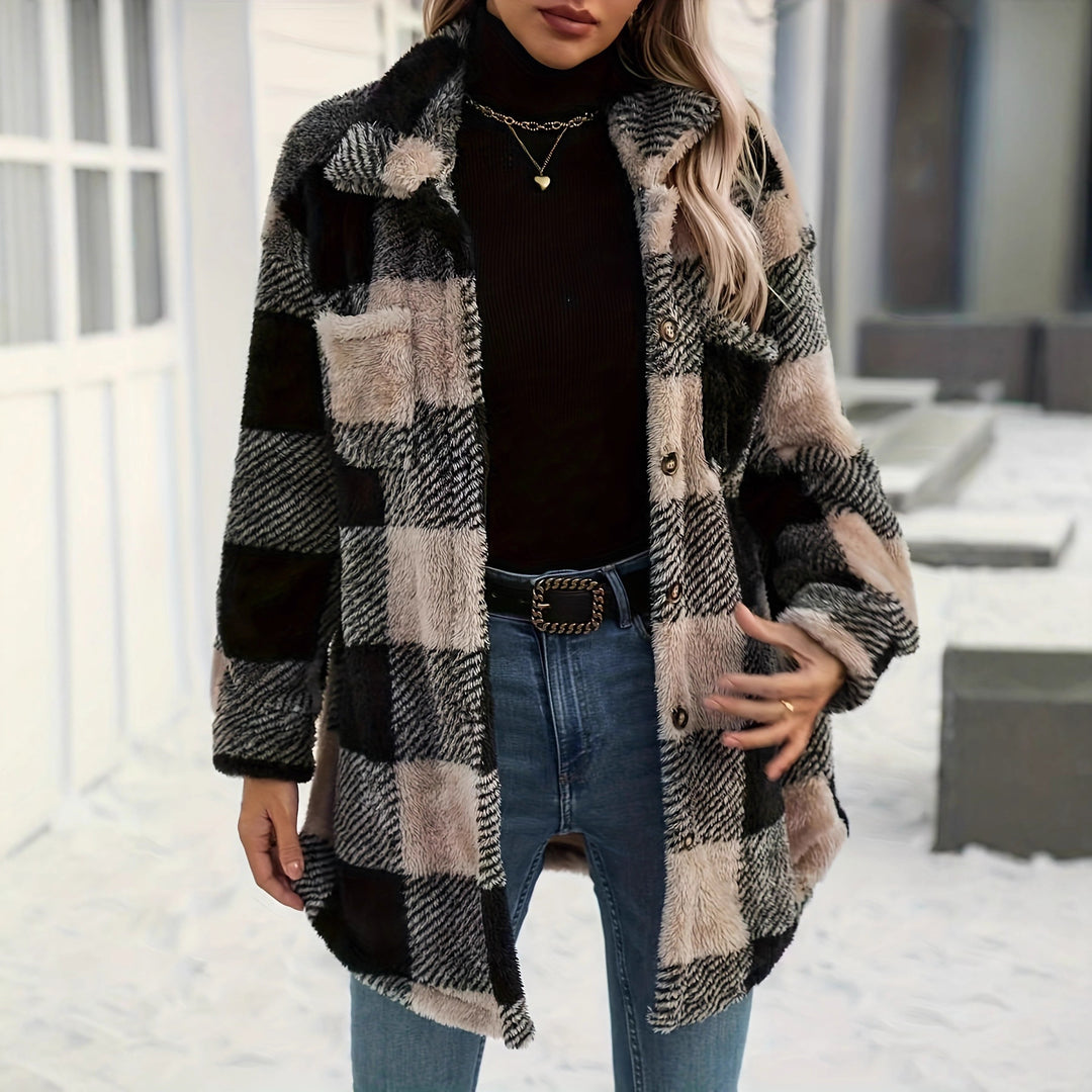 Damen kuschelige Overshirtjacke mit Karomuster und weichem Polyesterfell Drune