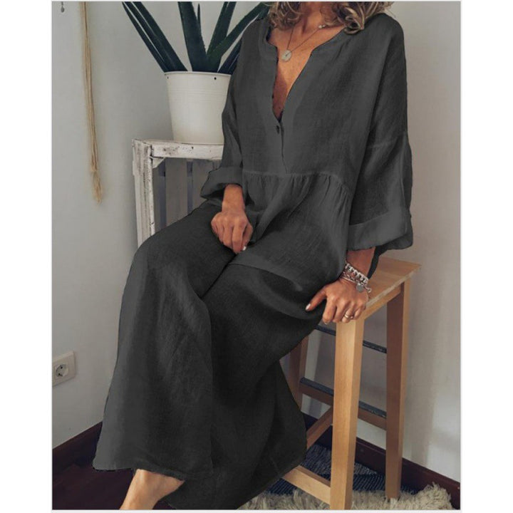 Damen Langes Leinen-Maxikleid mit V-Ausschnitt, geraffter Taille und 3/4-Ärmeln Drune