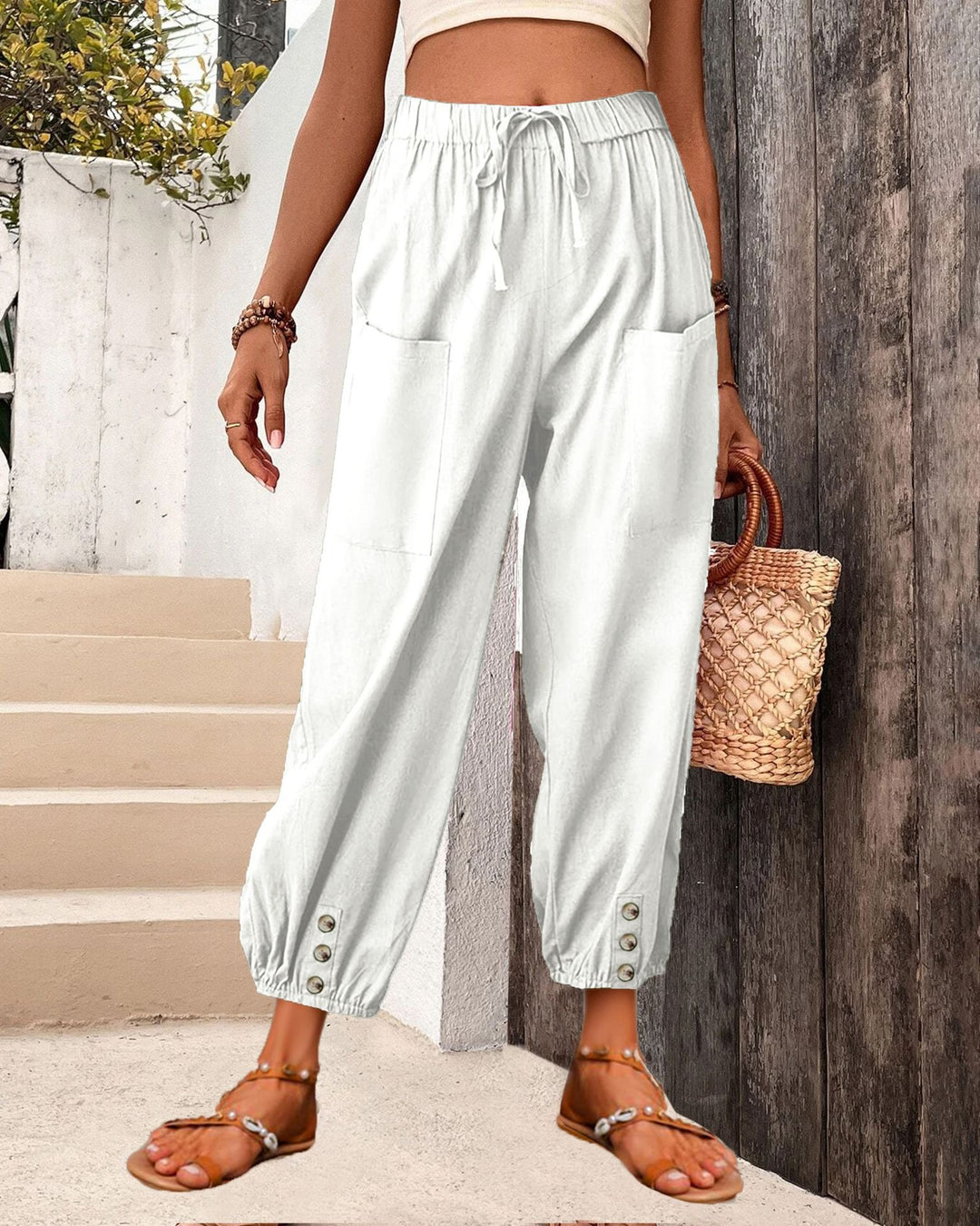 Damen Leinenlook Loungehosen mit hohem elastischem Taillenbund, Kordelzug, aufgesetzten Taschen und geknöpftem Saum Drune
