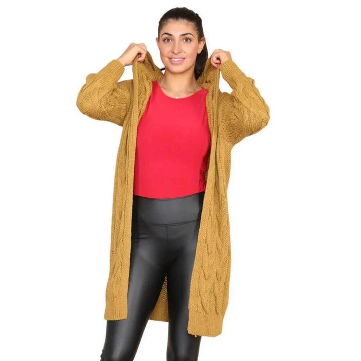 Damen Strickmantel mit Kapuze und Zopfmuster Drune