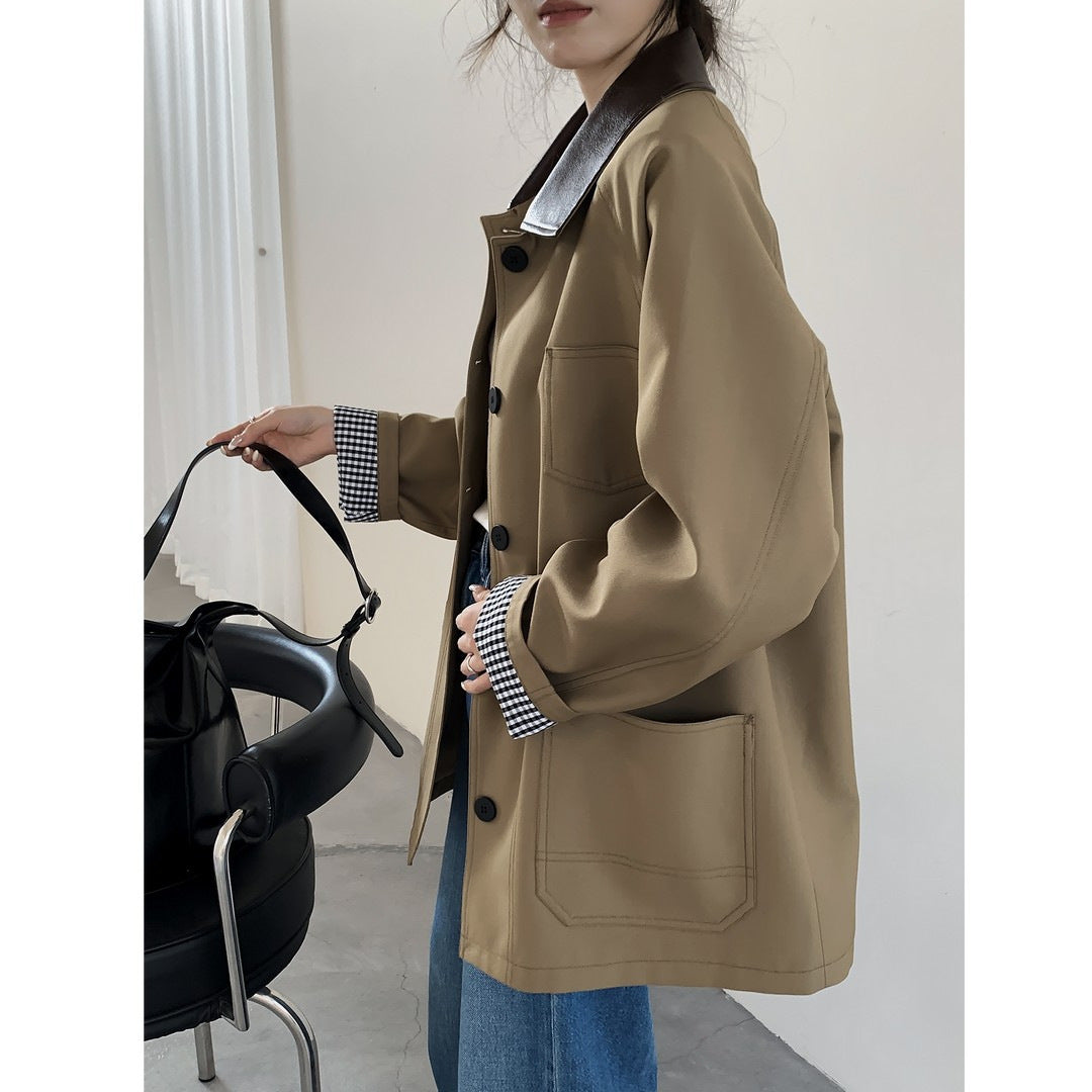 Damen Oversize Kurzjacke im Trenchstil mit Lederoptik-Kragen und karierten Umschlagmanschetten Drune