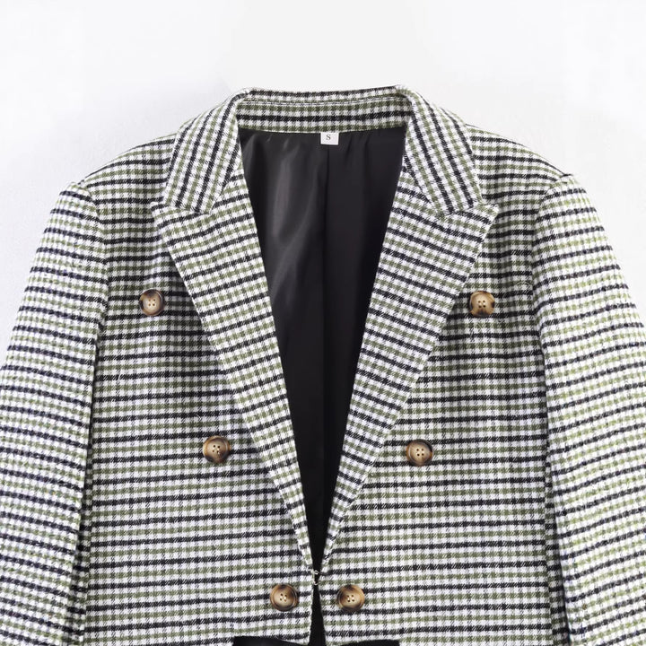 Damen Karo-Blazer mit asymmetrischem Cropped-Vorderteil und Holzknöpfen Drune