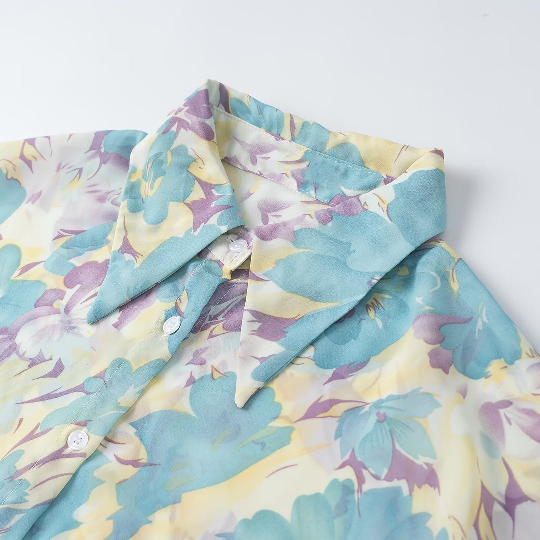 Damen Blumenprint-Chiffonbluse mit weitem Ballonärmel und Hemdkragen Drune