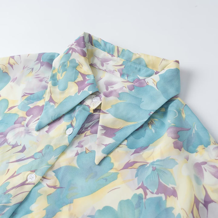 Damen Blumenprint-Chiffonbluse mit weitem Ballonärmel und Hemdkragen Drune
